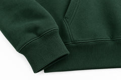 Close-up of the seam stitching of the Camp Fire forest green screen print hoodie