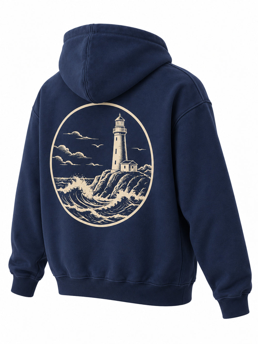 Rear three-quarter view of the Coast Club navy screen print hoodie