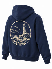 Rear three-quarter view of the Coast Club navy screen print hoodie