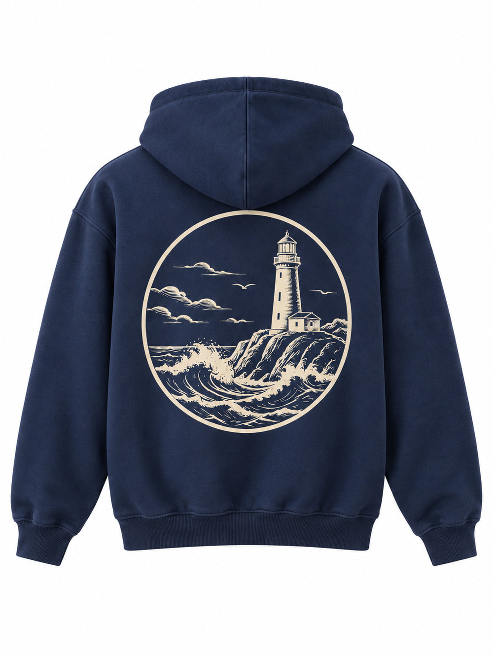 Back view of the Coast Club navy screen print hoodie with one-color cream lighthouse and wave artwork in a round frame