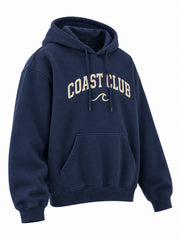 Front three-quarter view of the Coast Club navy screen print hoodie