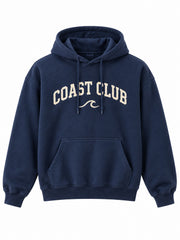 Front view of the Coast Club navy screen print hoodie with cream COAST CLUB arc over a small wave