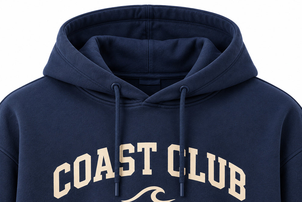 Close-up of the hood and neckline of the Coast Club navy screen print hoodie