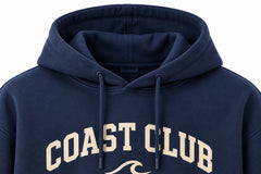 Close-up of the hood and neckline of the Coast Club navy screen print hoodie