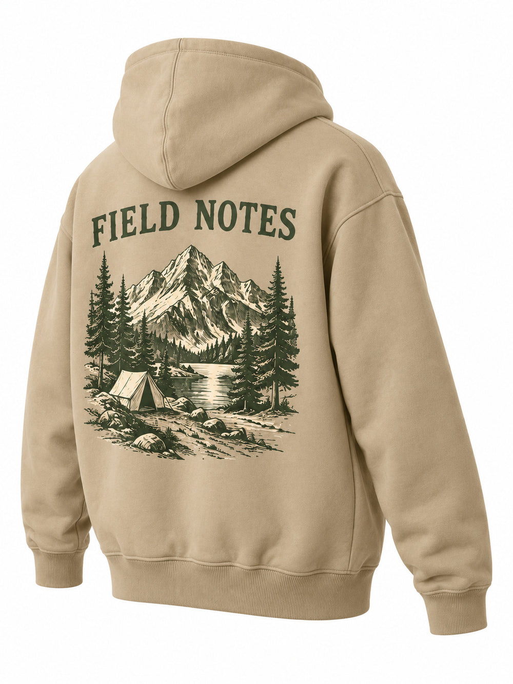 Rear three-quarter view of the Field Notes khaki screen print hoodie