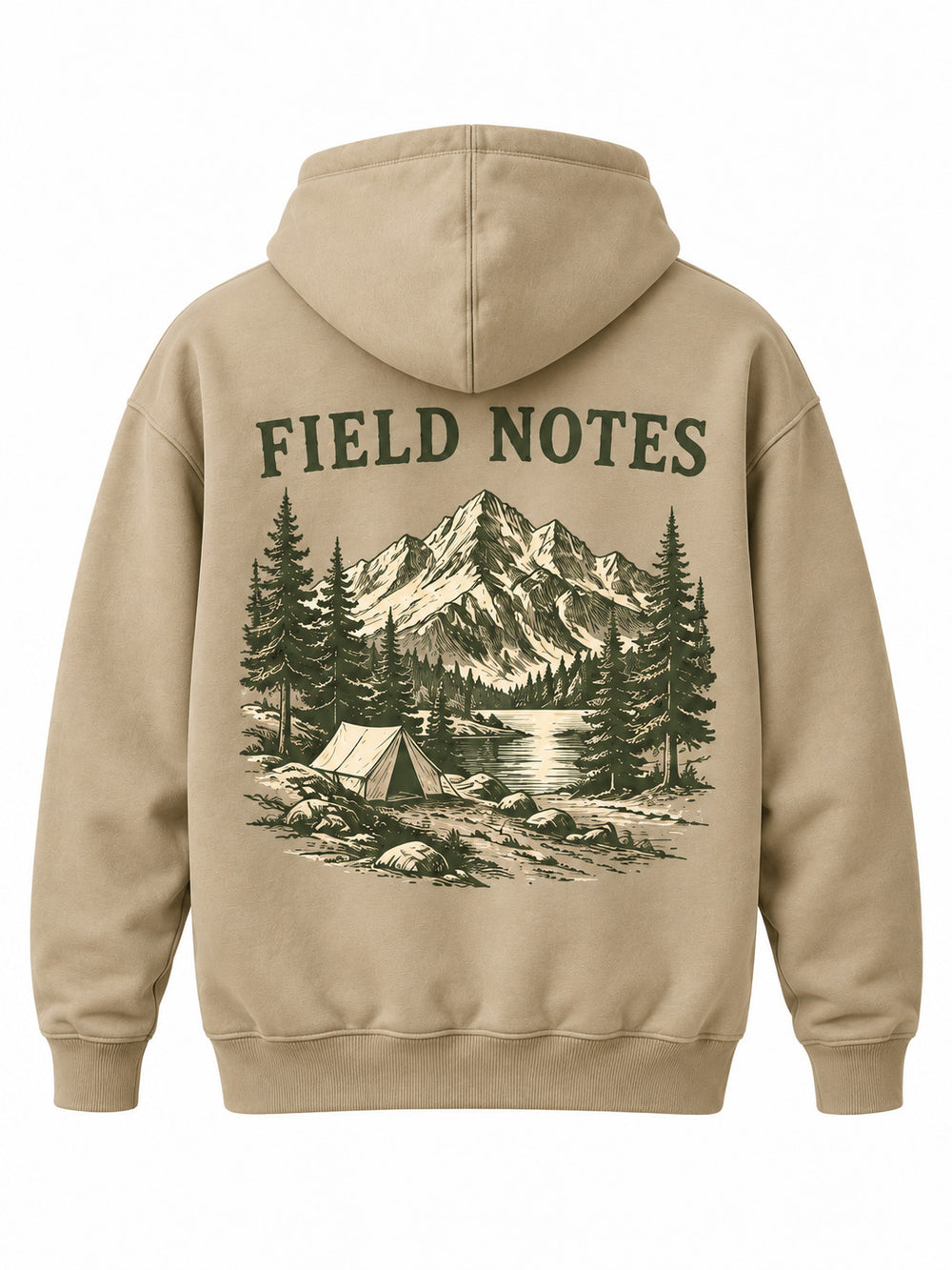 Back view of the Field Notes khaki screen print hoodie with two-color olive and cream line drawing of an alpine camp with FIELD NOTES