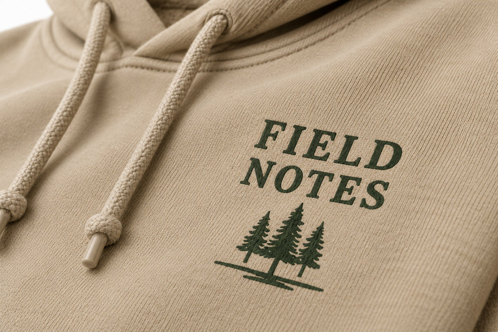 Close-up of the screen print decoration on the Field Notes khaki screen print hoodie