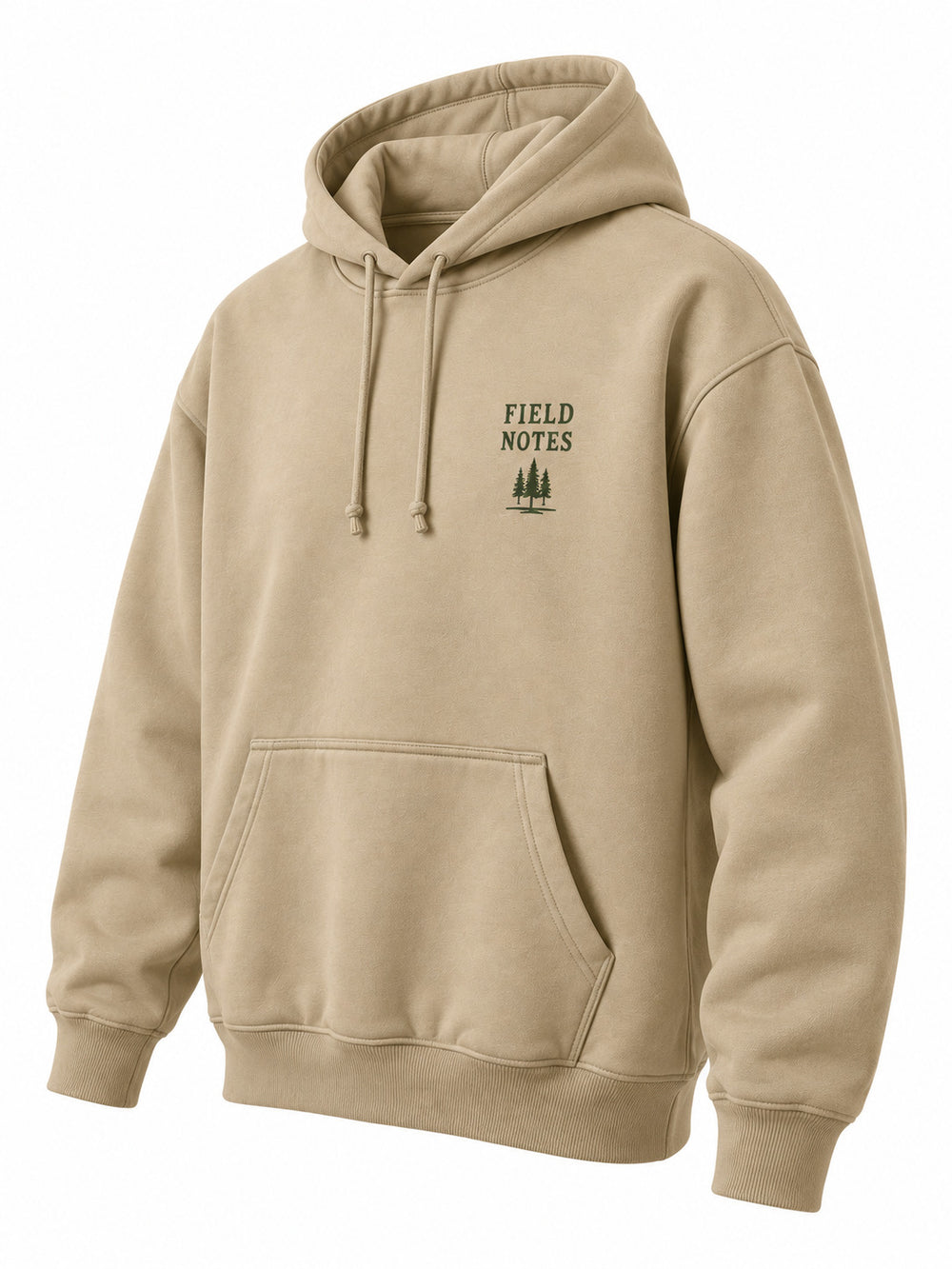 Front three-quarter view of the Field Notes khaki screen print hoodie