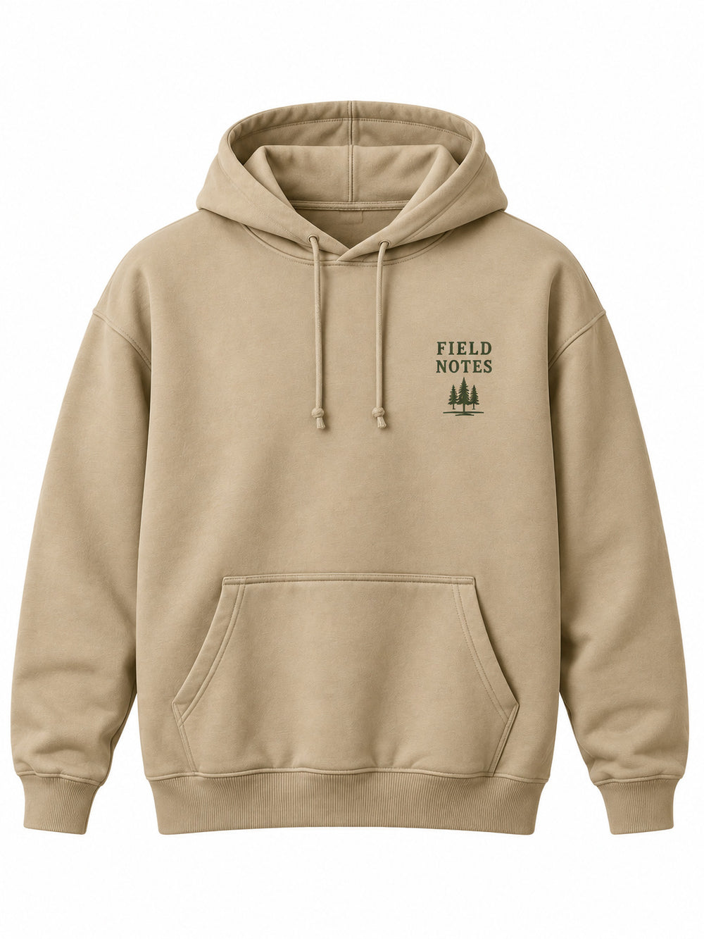 Front view of the Field Notes khaki screen print hoodie with small dark olive FIELD NOTES chest print