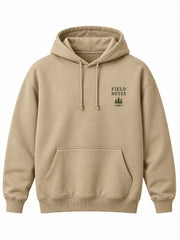 Front view of the Field Notes khaki screen print hoodie with small dark olive FIELD NOTES chest print