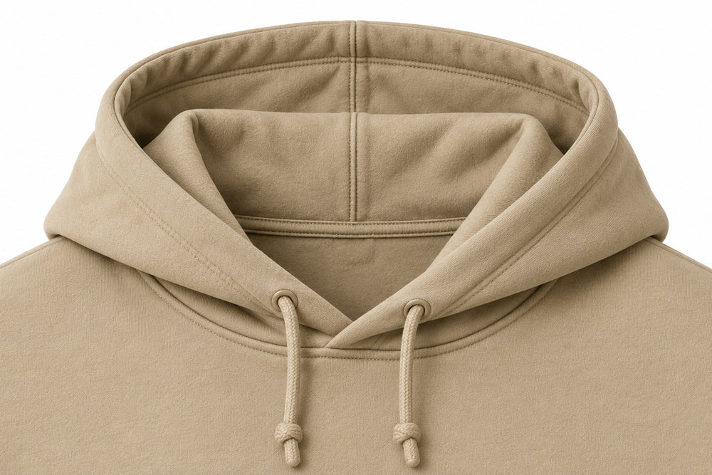 Close-up of the hood and neckline of the Field Notes khaki screen print hoodie