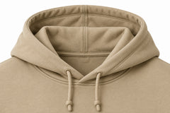 Close-up of the hood and neckline of the Field Notes khaki screen print hoodie