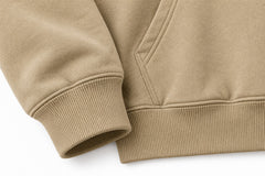 Close-up of the seam stitching of the Field Notes khaki screen print hoodie