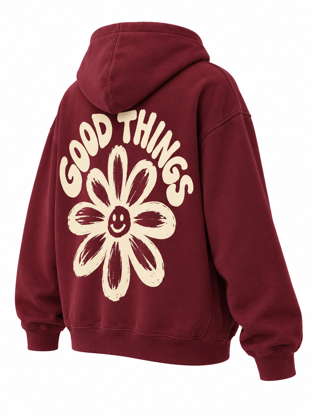 Rear three-quarter view of the Good Things burgundy screen print oversized hoodie