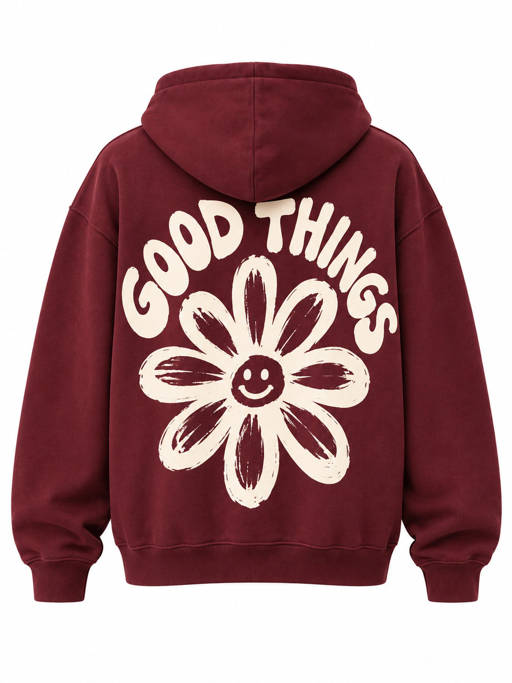 Back view of the Good Things burgundy screen print oversized hoodie with large hand-drawn cream daisy with GOOD THINGS curved around it