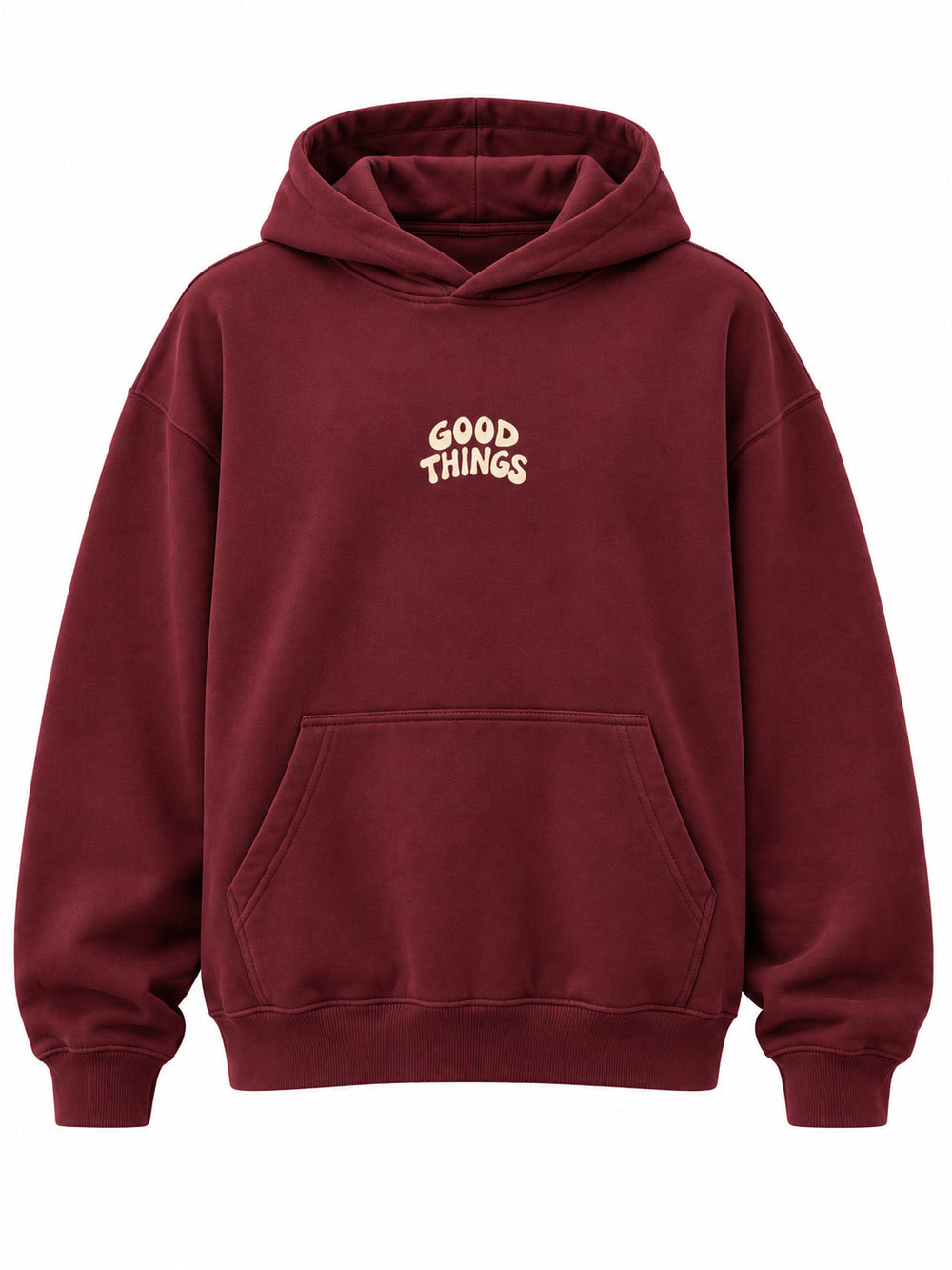 Front view of the Good Things burgundy screen print oversized hoodie with small cream GOOD THINGS lettering