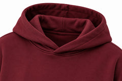 Close-up of the hood and neckline of the Good Things burgundy screen print oversized hoodie