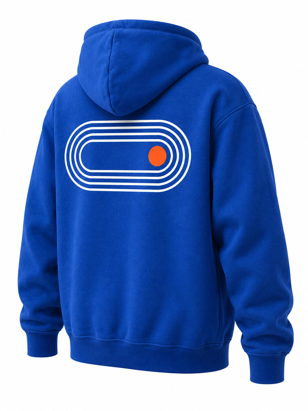 Rear three-quarter view of the Move Daily cobalt blue screen print hoodie