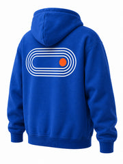 Rear three-quarter view of the Move Daily cobalt blue screen print hoodie