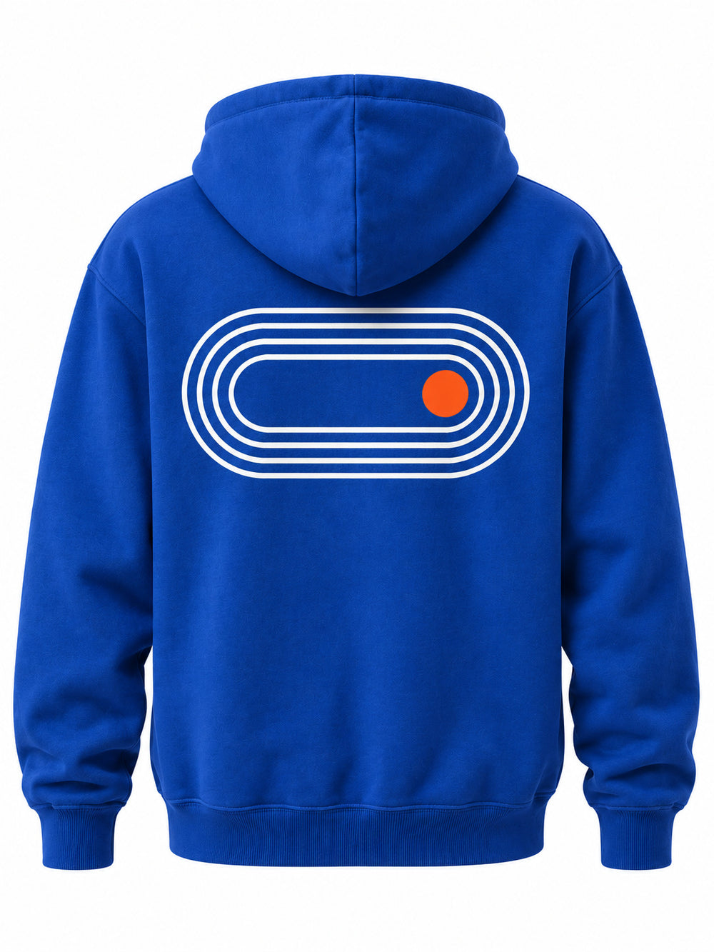 Back view of the Move Daily cobalt blue screen print hoodie with white running-track oval with an orange disk