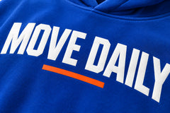 Close-up of the screen print decoration on the Move Daily cobalt blue screen print hoodie