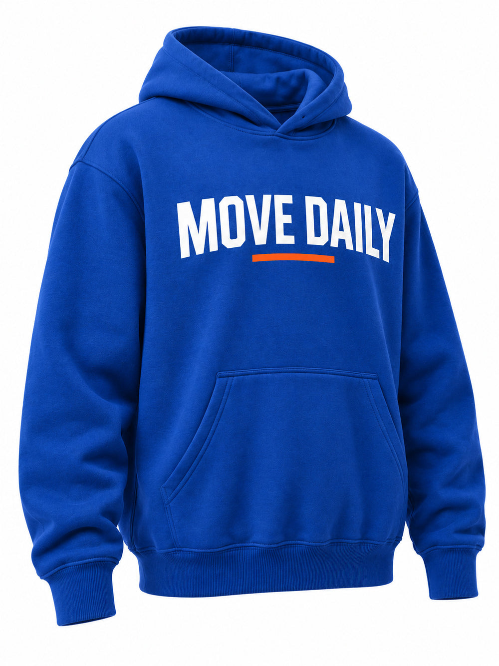 Front three-quarter view of the Move Daily cobalt blue screen print hoodie