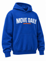 Front three-quarter view of the Move Daily cobalt blue screen print hoodie