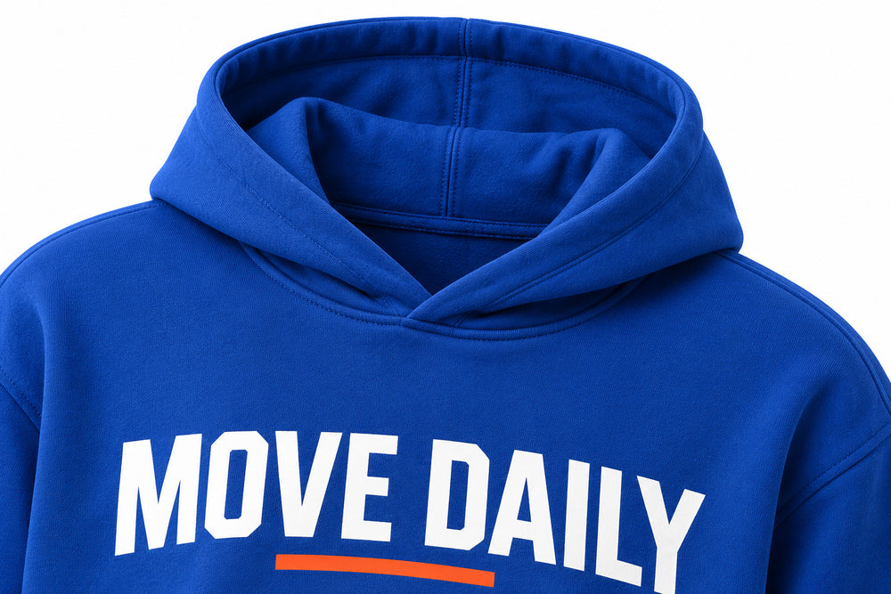 Close-up of the hood and neckline of the Move Daily cobalt blue screen print hoodie