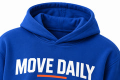 Close-up of the hood and neckline of the Move Daily cobalt blue screen print hoodie
