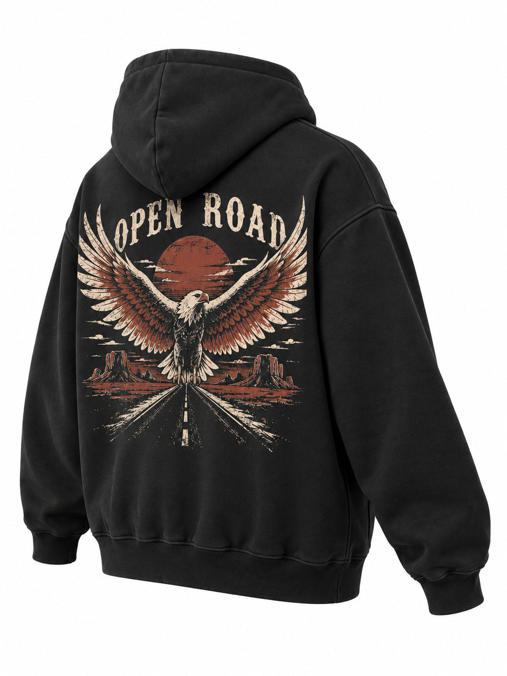 Rear three-quarter view of the Open Road black screen print oversized hoodie