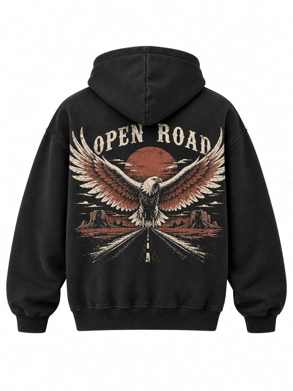 Back view of the Open Road black screen print oversized hoodie with two-color cream and rust eagle wings and roadway with OPEN ROAD, vintage distressed texture