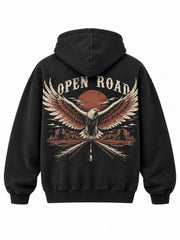 Back view of the Open Road black screen print oversized hoodie with two-color cream and rust eagle wings and roadway with OPEN ROAD, vintage distressed texture