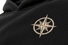 Close-up of the screen print decoration on the Open Road black screen print oversized hoodie
