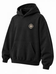Front three-quarter view of the Open Road black screen print oversized hoodie