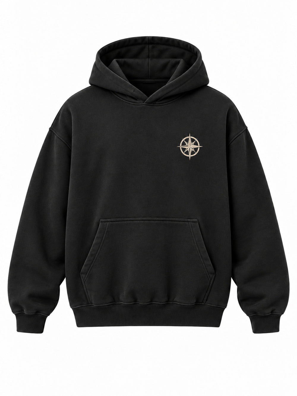 Front view of the Open Road black screen print oversized hoodie with tiny cream wheel emblem