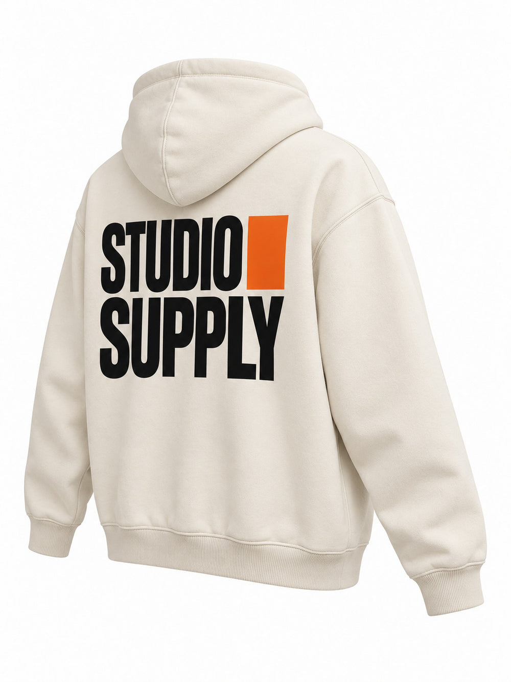 Rear three-quarter view of the Studio Supply ecru screen print boxy hoodie