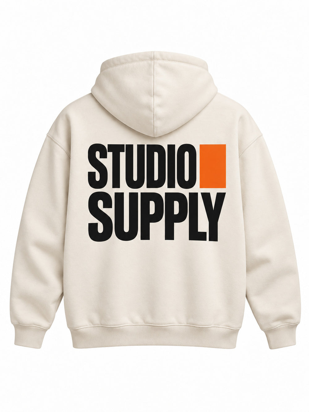Back view of the Studio Supply ecru screen print boxy hoodie with large black stacked STUDIO SUPPLY type grid with one orange square