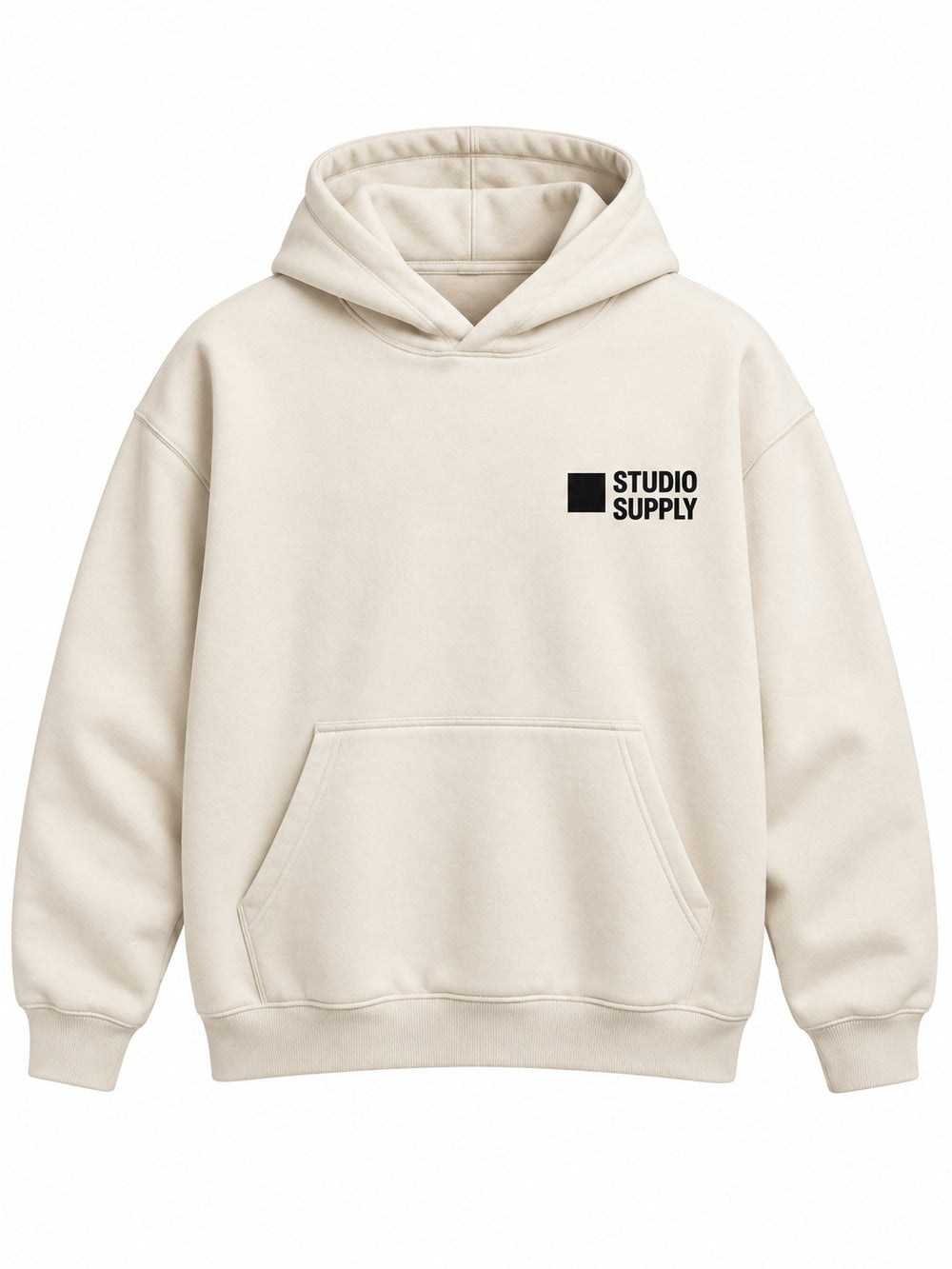 Front view of the Studio Supply ecru screen print boxy hoodie with black STUDIO SUPPLY lettering with a small square icon on the left chest