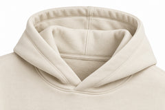 Close-up of the hood and neckline of the Studio Supply ecru screen print boxy hoodie