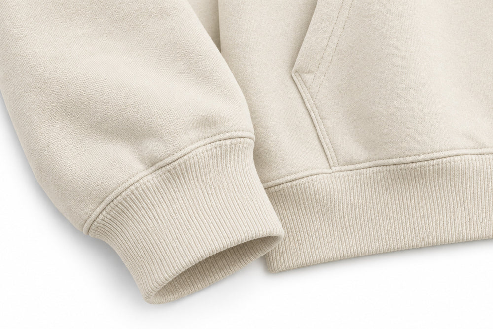 Close-up of the seam stitching of the Studio Supply ecru screen print boxy hoodie