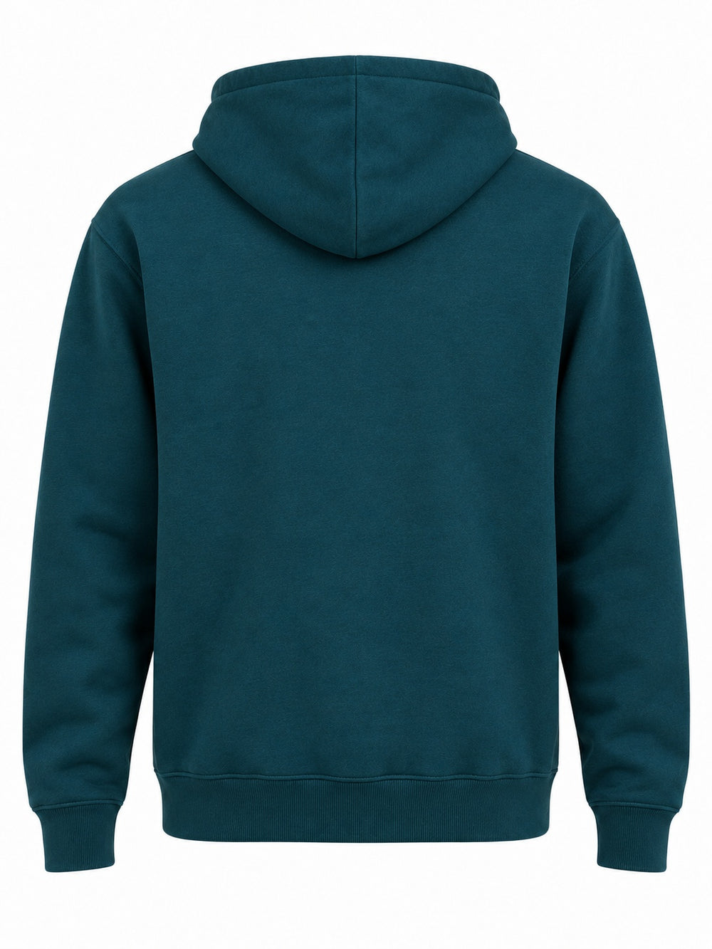 Back view of the Topo Square deep teal screen print hoodie with plain back