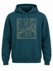 Front view of the Topo Square deep teal screen print hoodie with large square topographic contour-line print in sand on the chest