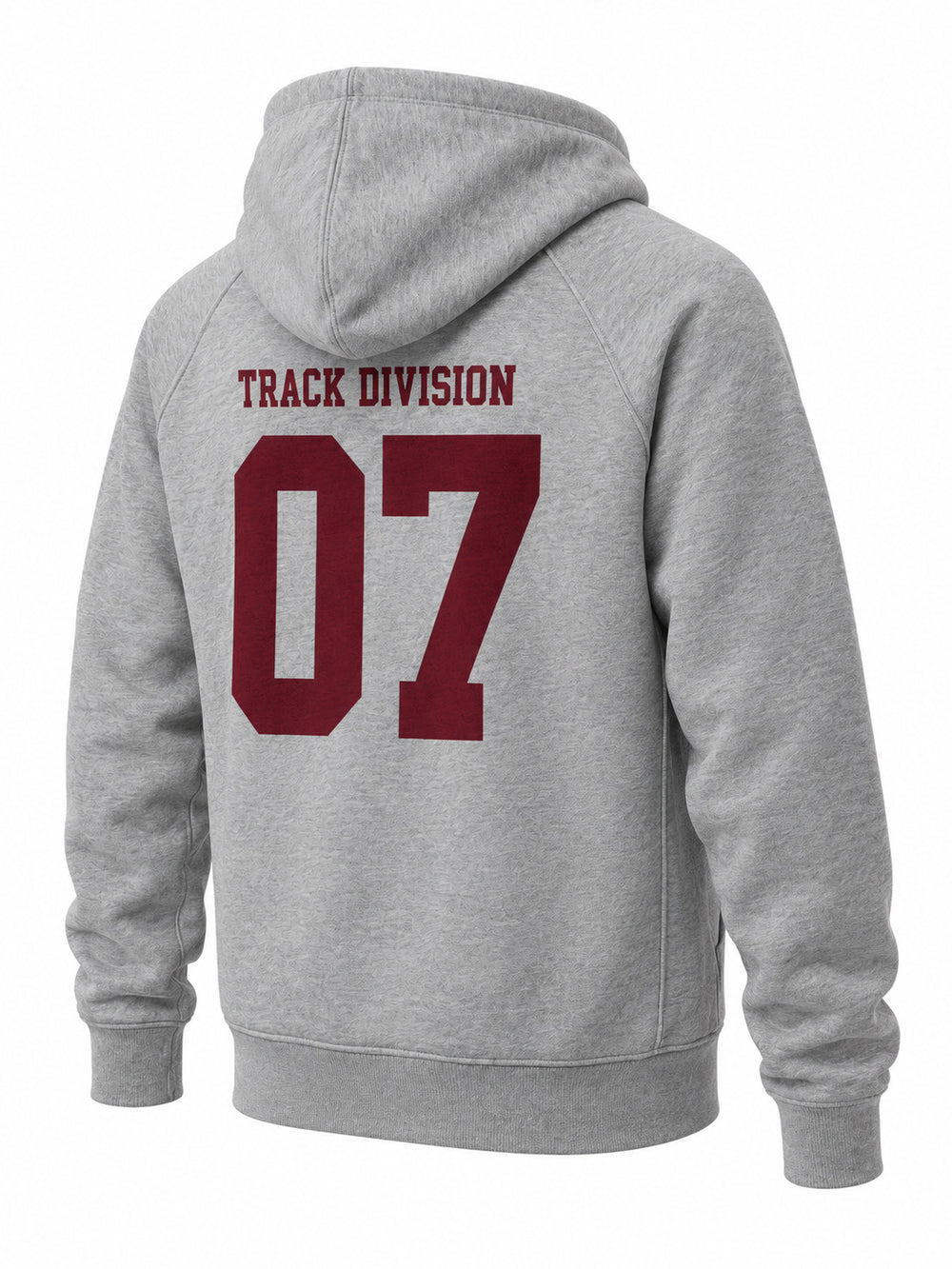 Rear three-quarter view of the Track Division heather gray screen print hoodie