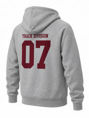 Rear three-quarter view of the Track Division heather gray screen print hoodie
