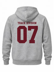Back view of the Track Division heather gray screen print hoodie with large burgundy 07 athletic number with small TRACK DIVISION lettering below the hood