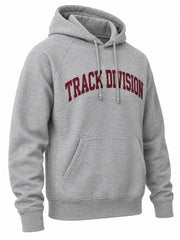 Front three-quarter view of the Track Division heather gray screen print hoodie