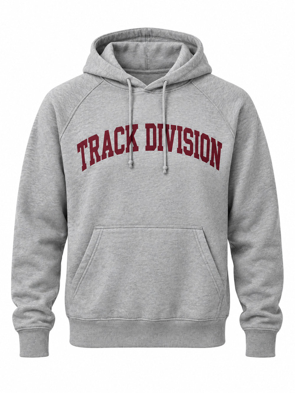 Front view of the Track Division heather gray screen print hoodie with burgundy TRACK DIVISION collegiate lettering above the pocket