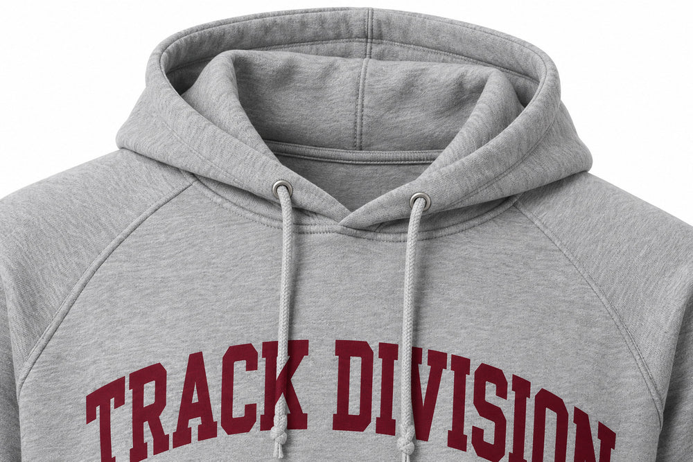 Close-up of the hood and neckline of the Track Division heather gray screen print hoodie