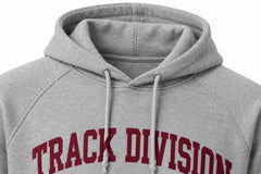 Close-up of the hood and neckline of the Track Division heather gray screen print hoodie