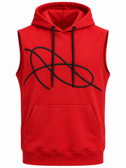 Front view of the Voltage Loop signal red screen print sleeveless hoodie with looping black line graphic that wraps across the chest